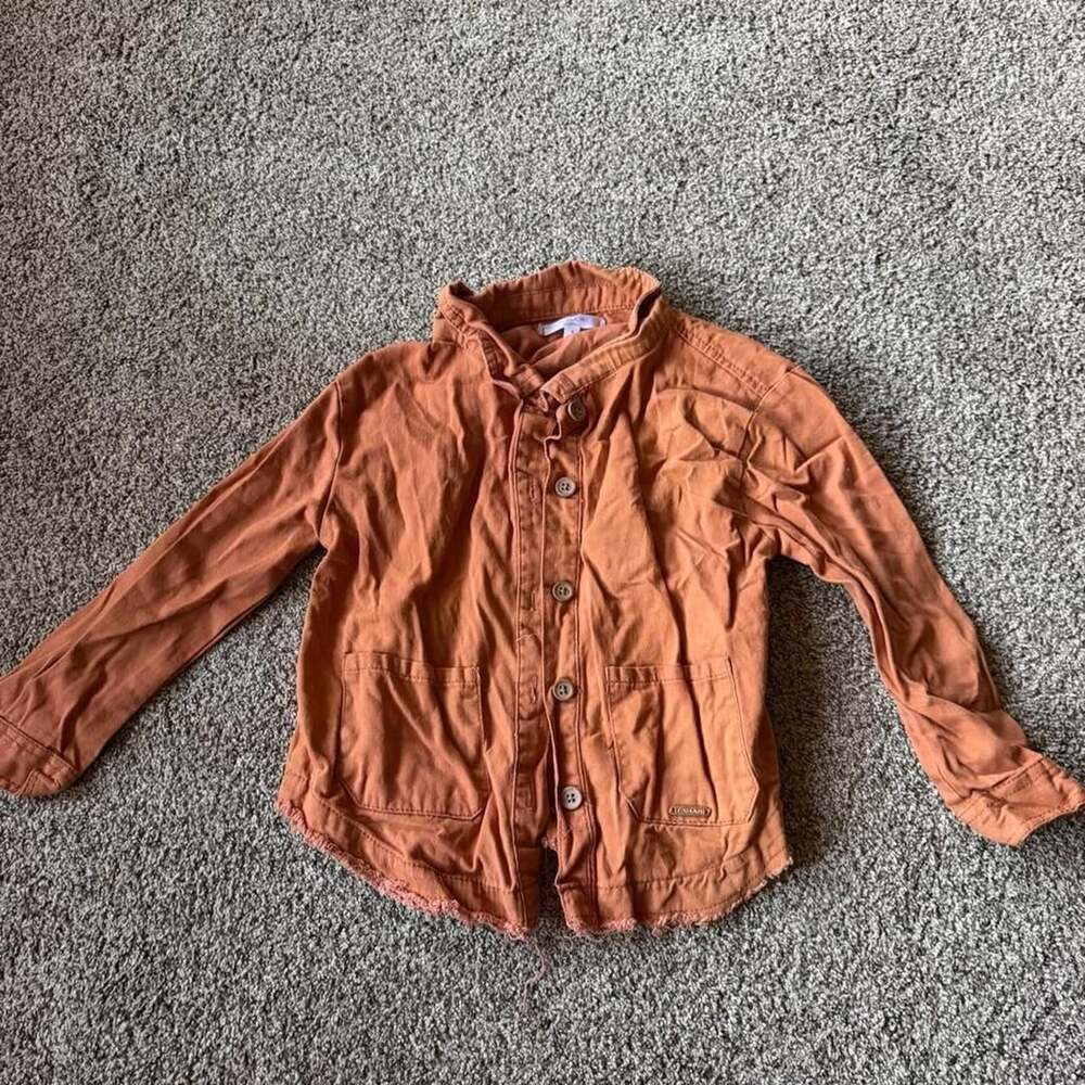 Tahari Girl Denim Jacket Size 5 Rust Orange Button Front Raw Hem